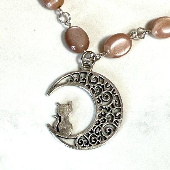 Peach Moonstone Adjustable Choker, Cat on the Moon Pendant + Genuine Gemstone - Picture 4 of 15